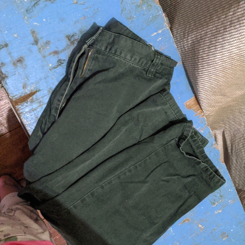 Woolrich altered highrise dark olive green pants in light denim
